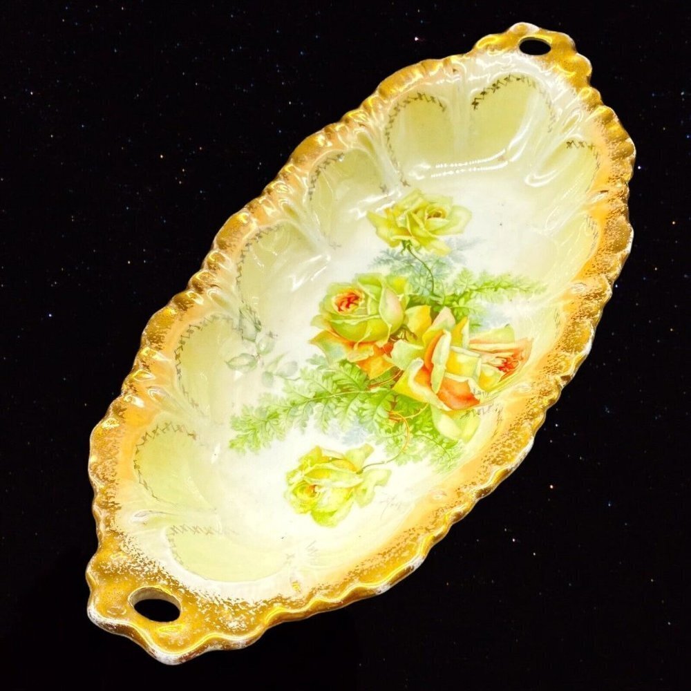 Antique Stinthal Gilded Tray Dish Bowl Crooksville China 1900's Rose Flower‎ 12”